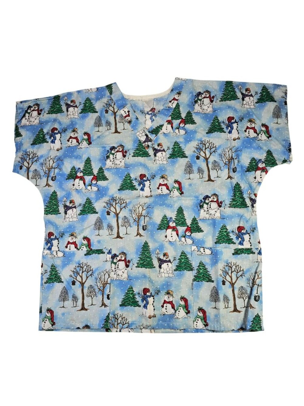 Snowman Winter Landscape Print Short Sleeve Scrub Shirt Top Women's Size M Blue